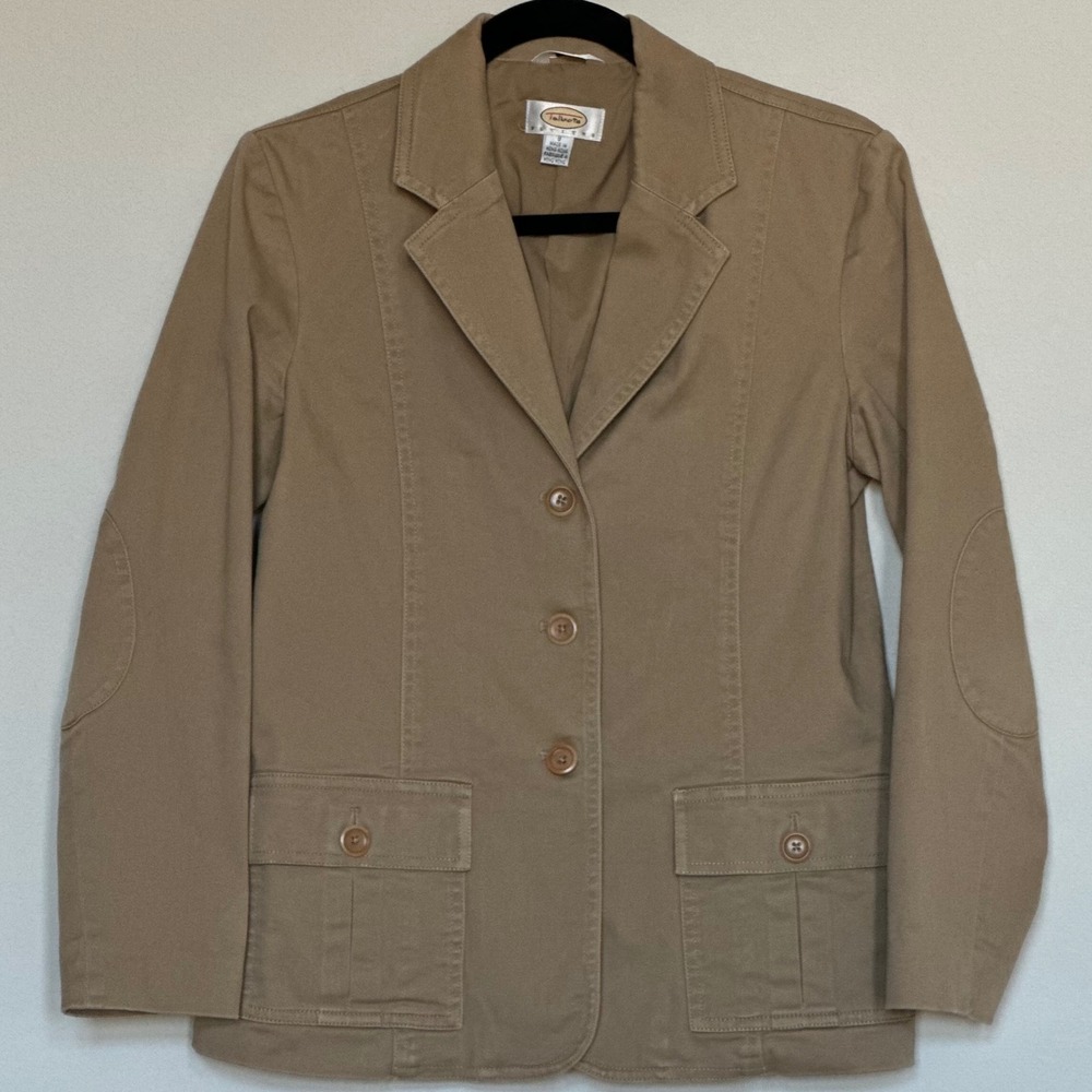 Talbots Petites Khaki Cotton Blend Blazer Jacket Elbow Patches Button safari 8 P